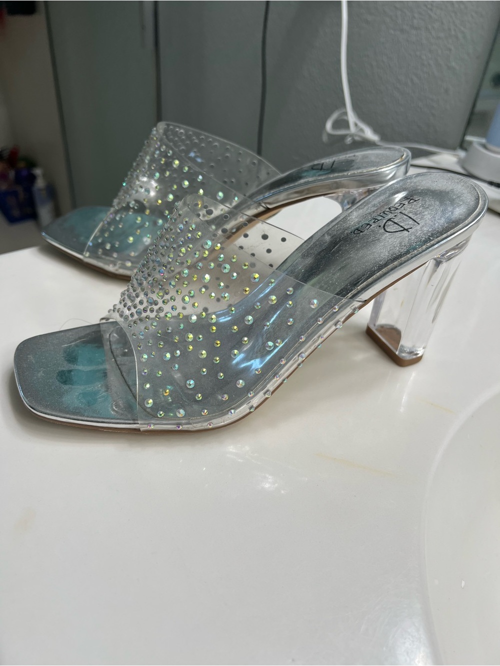 Clear Crystal-Embellished Slide Heels in Silver